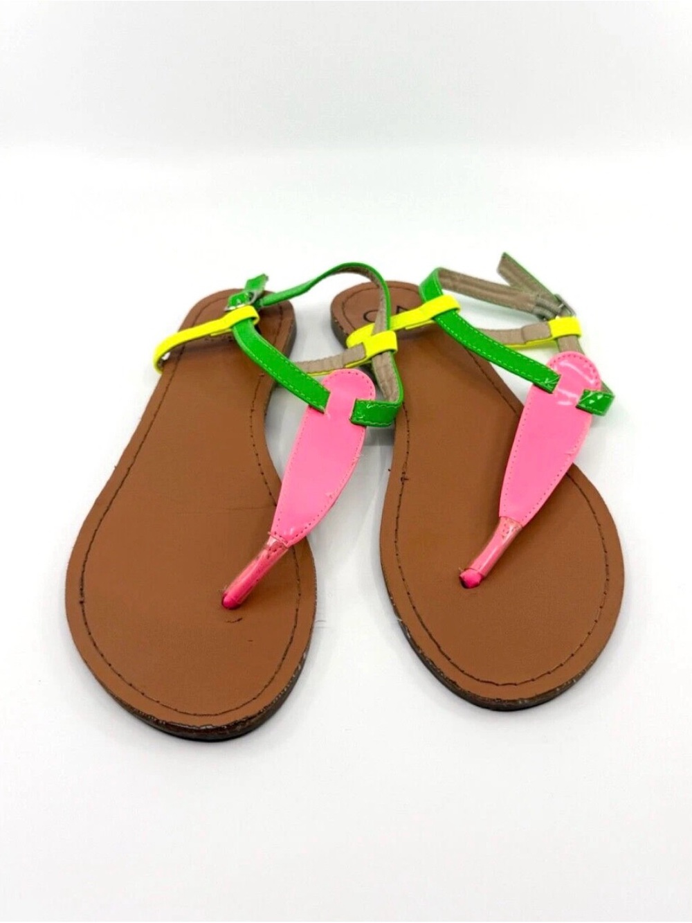 Women’s CA Collection T-Strap Sandal Neon Pink and Green - Size 7.5